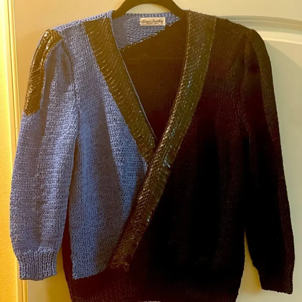 Surplice v- neck sweater hand knit blue snake skin trim 3/4 length sleeves